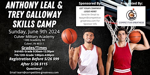 Imagem principal do evento Anthony Leal & Trey Galloway Basketball Skills Camp (Culver, IN)