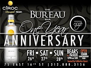 THE BUREAU BAR'S ONE YEAR ANNIVERSARY WEEKEND SEPT. 26TH - 28TH + BEARS VS.PACKERS ON SUN. primary image