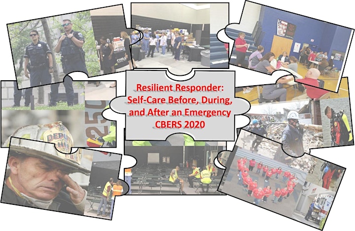 Image Caption: [Image featuring law enforcement, firefighters, shelter workers, medical reserve corps volunteers, and emergency medical service providers showing signs of stress. Image contains the text: 